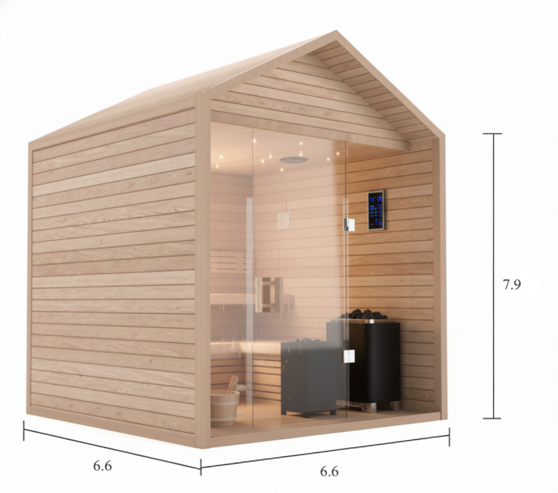 2–4 person outdoor gable-roof sauna with full glass front wall, cedar interior, and A-frame silhouette. Measures approximately 7 × 7 × 7.9 feet.