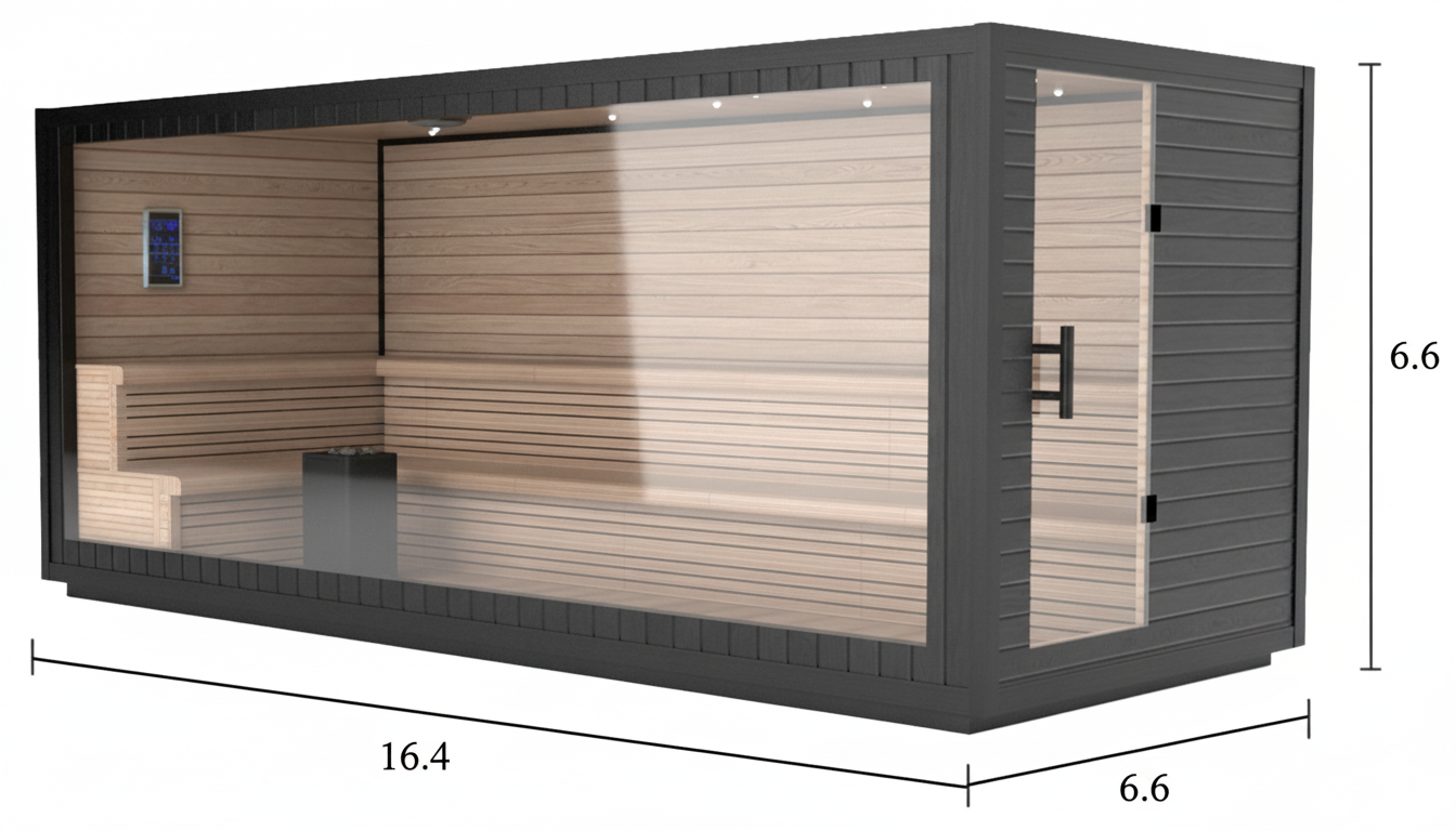 Extra-large 8–10 person outdoor sauna with full glass wall, matte black exterior, cedar interior, and two-tier L-shaped bench seating.