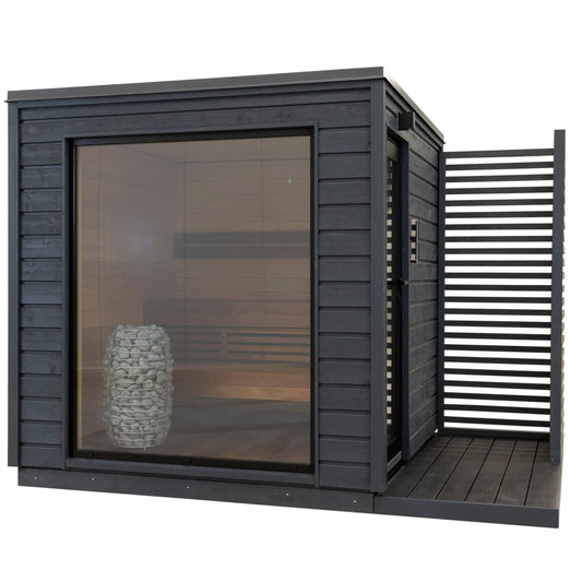8×10 Ft Outdoor Cube Sauna (Panoramic Glass) with Cool-Down Deck – 4–6 Person