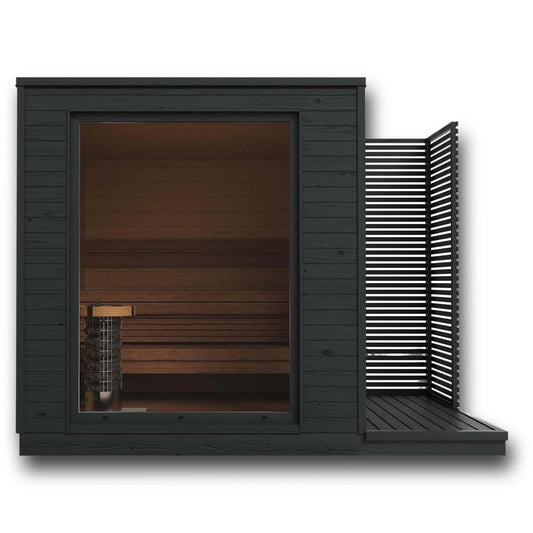 8×10 Ft Outdoor Cube Sauna (Panoramic Glass) with Cool-Down Deck – 4–6 Person