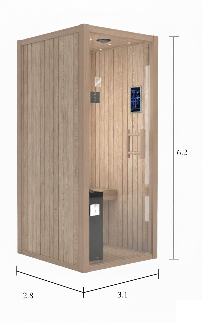 Compact indoor 1-person cedar sauna with tempered glass door, smart touchscreen control panel, LED ceiling lights, and side-mounted electric heater. Measures 2.8 × 3.1 × 6.2 ft.