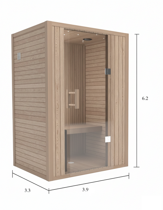 Indoor 2-person cedar sauna with tempered glass door, full bench seating, LED ceiling lights, and vertical slat design. Measures 3.3 × 3.9 × 6.2 ft.