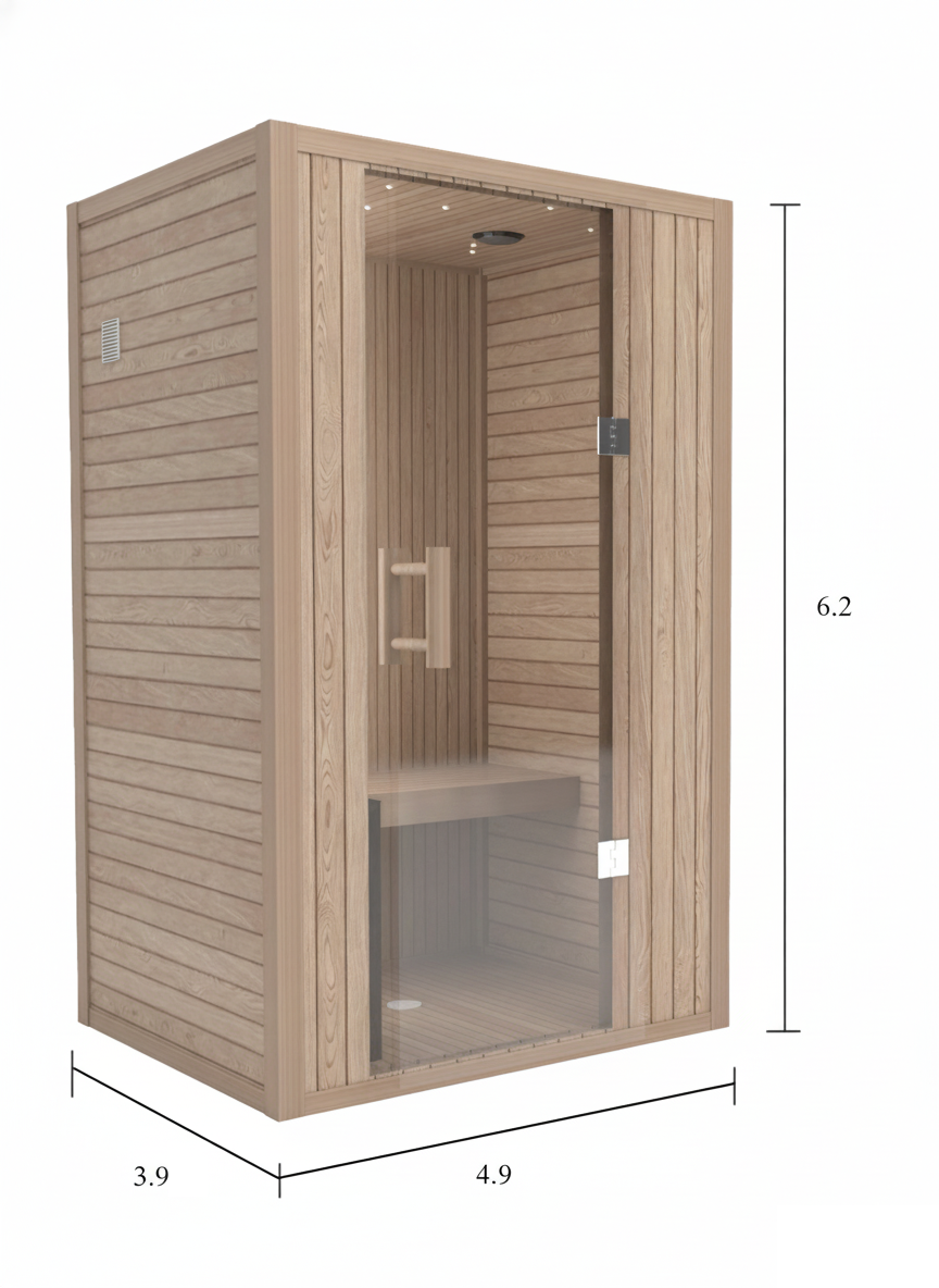 Indoor 3-person cedar sauna with tempered glass door, shown in a clean modern setting. Sized 4×5 ft with natural wood interior and full bench seating.