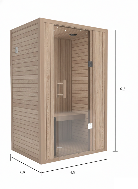 Indoor 3-person cedar sauna with tempered glass door, shown in a clean modern setting. Sized 4×5 ft with natural wood interior and full bench seating.