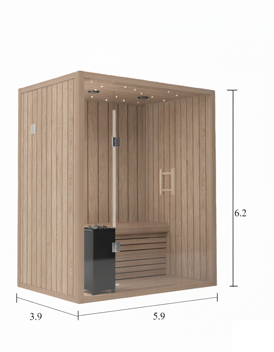 Indoor 4-person sauna with full glass front wall and cedar interior, featuring LED ceiling lights, wooden bench seating, and side-mounted electric heater. Measures 5.9 × 3.9 × 6.2 ft