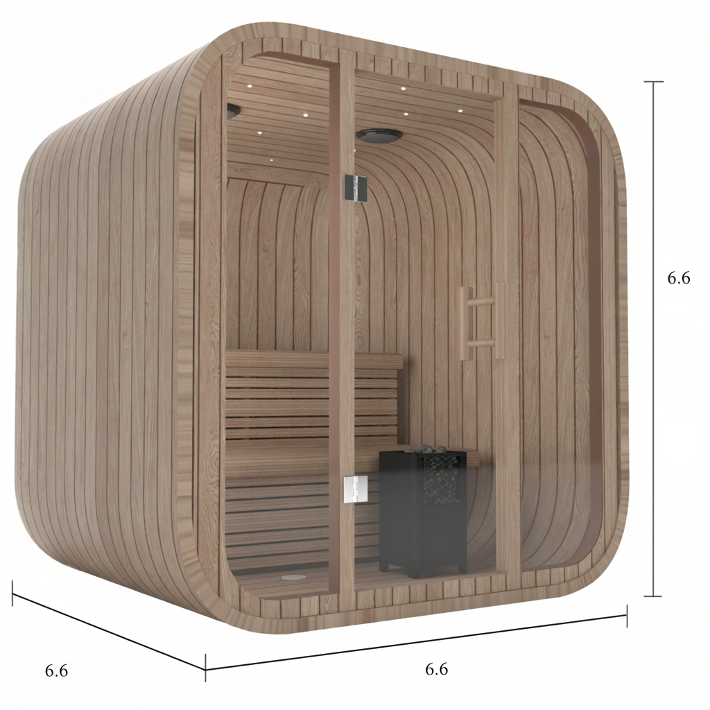 Curved outdoor 2–4 person sauna with glass front wall, rounded wood exterior, cedar interior, and dual-level bench seating. Measures approximately 7 × 7 × 6.7 feet.