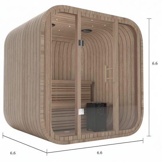 Curved outdoor 2–4 person sauna with glass front wall, rounded wood exterior, cedar interior, and dual-level bench seating. Measures approximately 7 × 7 × 6.7 feet.