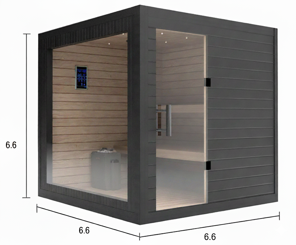 Outdoor 2–4 person sauna with glass front wall, matte black exterior, cedar interior, and dual-level bench seating. Measures approximately 7 × 7 × 6.7 feet