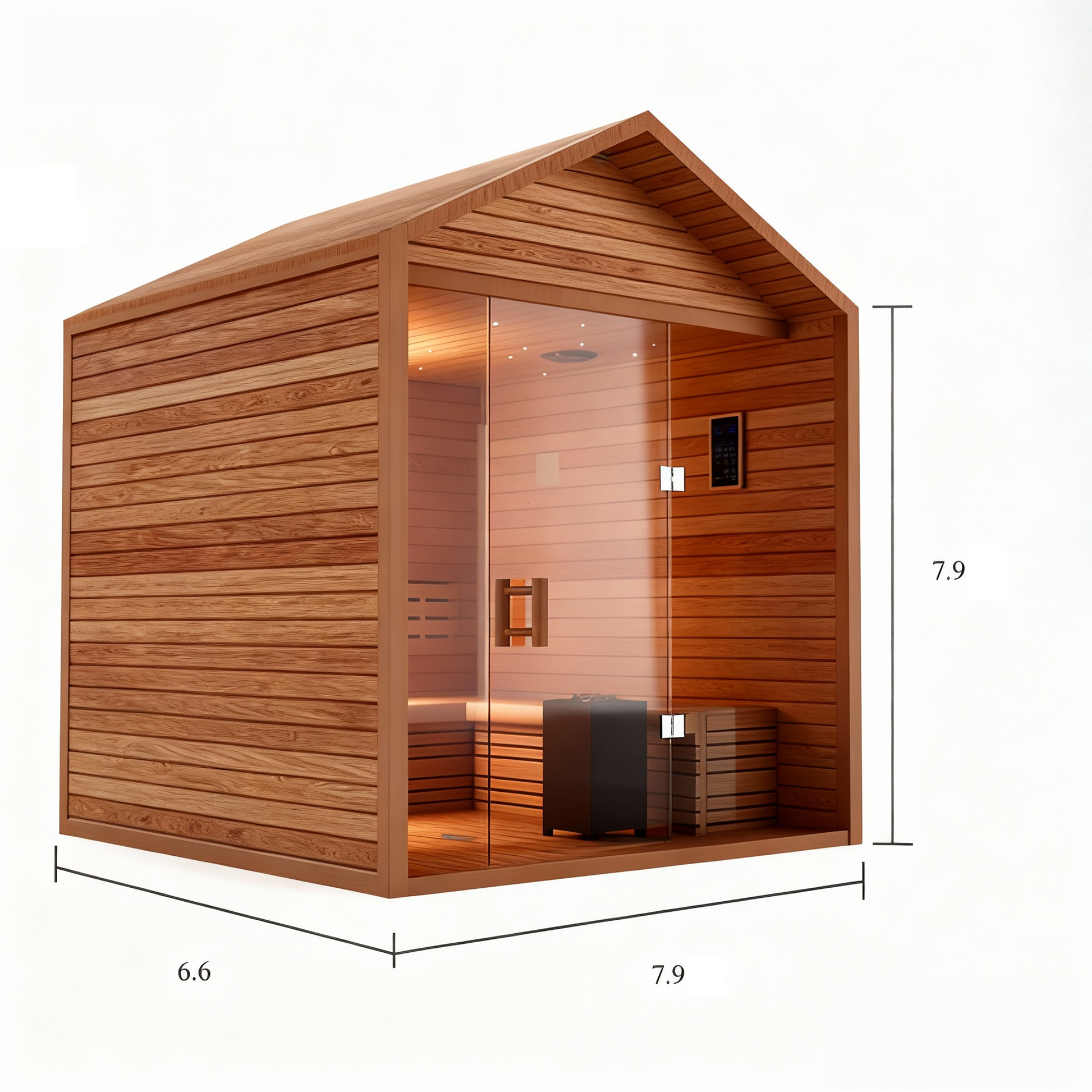 4–6 person gable-roof outdoor sauna with wide glass front wall, cedar interior, and A-frame silhouette. Measures approximately 8 × 7 × 7.9 feet.