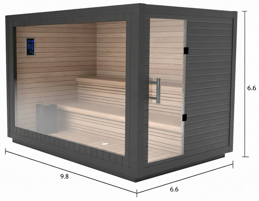 Outdoor 4–6 person cedar sauna with full glass front wall, matte black exterior, two-tier benches, LED lighting, and smart digital control. Measures approximately 10 × 7 × 6.7 feet.