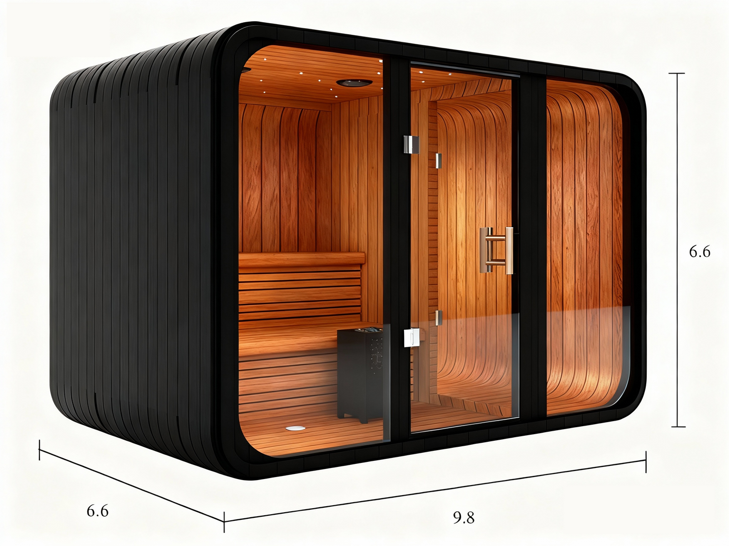 Curved 4–6 person outdoor sauna with matte black exterior, triple glass front wall, cedar interior, and dual-level bench layout. Measures approximately 10 × 7 × 6.7 feet.