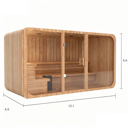 Large 6–8 person curved outdoor sauna with full glass front wall, cedar interior, L-shaped two-level benches, and rounded wood exterior. Measures approximately 13 × 7 × 6.7 feet.