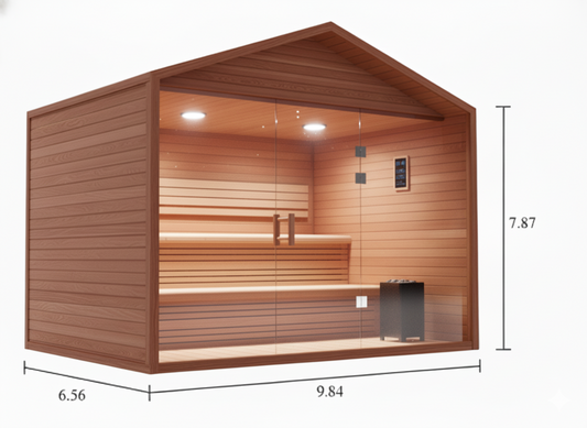 6–8 person outdoor gable sauna with cedar interior, dual-level benches, and glass front wall. Measures approximately 10 × 7 × 7.9 feet.