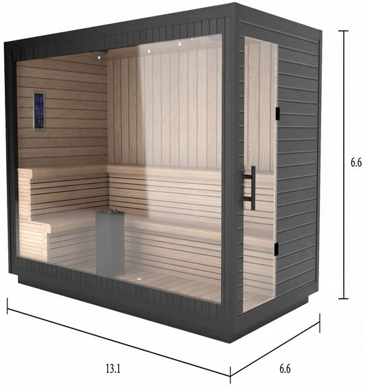 Modern 6–8 person outdoor sauna with full glass front, matte black exterior, cedar interior, and L-shaped two-level bench seating. Measures approximately 13 × 7 × 6.5 feet.