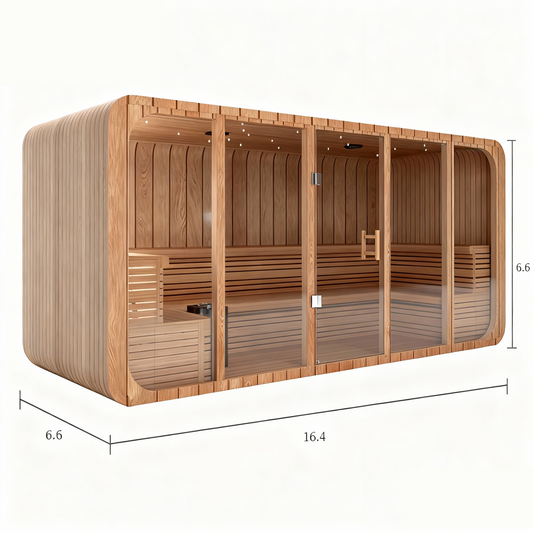 Extra-large 8–10 person curved outdoor sauna with full glass front wall, cedar interior, L-shaped double-tier benches, and rounded wood exterior. Measures approximately 16.5 × 6.7 × 6.7 feet