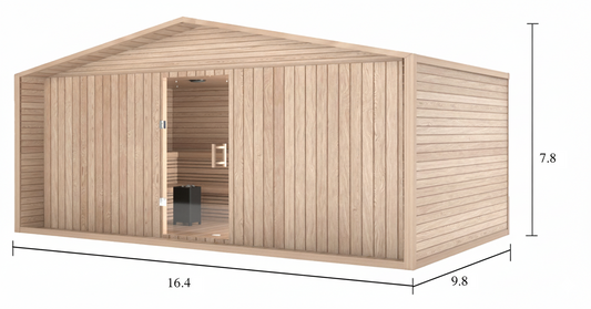Extra-large 8–10 person outdoor gable sauna with full wood wall, central glass door, cedar interior, and vertical panel design. Measures approximately 16.5 × 10 × 7.9 feet.