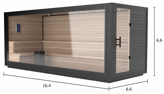 Extra-large 8–10 person outdoor sauna with full glass wall, matte black exterior, cedar interior, and two-tier L-shaped bench seating. 